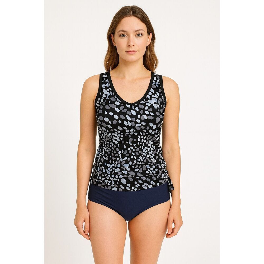 Women's Black White Blue polka dot Patterned Swim Top two piece Sleeveless M